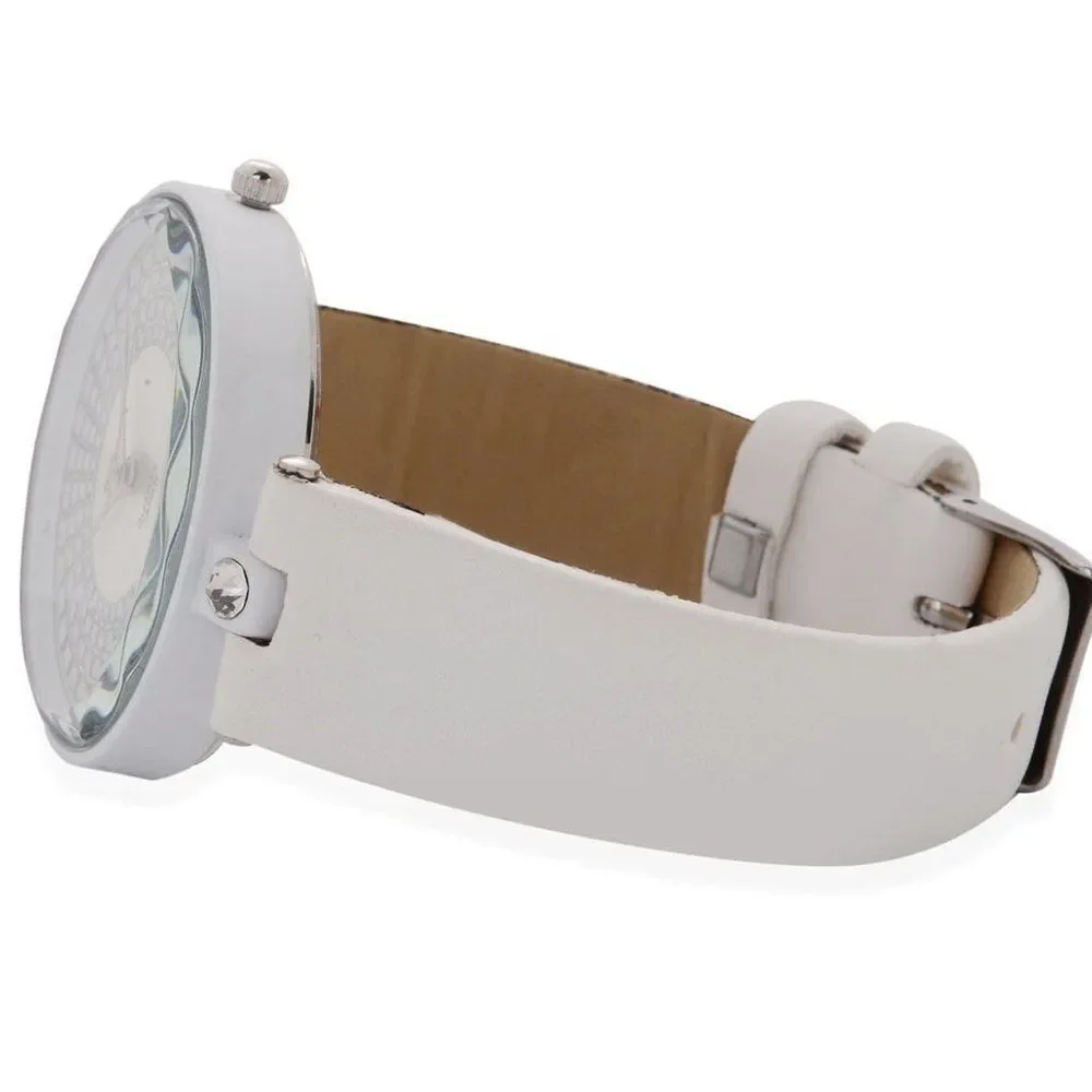 STRADA Watch Austrian Crystal Faux White Leather